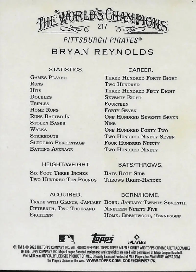Baseball card of Bryan Reynolds featuring statistics from Topps Allen and Ginter Chrome
