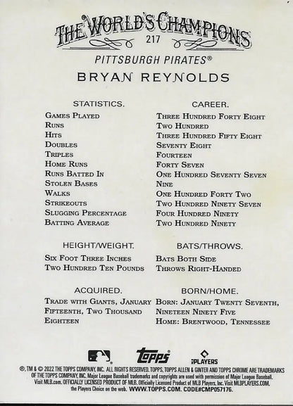 Baseball card of Bryan Reynolds featuring statistics from Topps Allen and Ginter Chrome