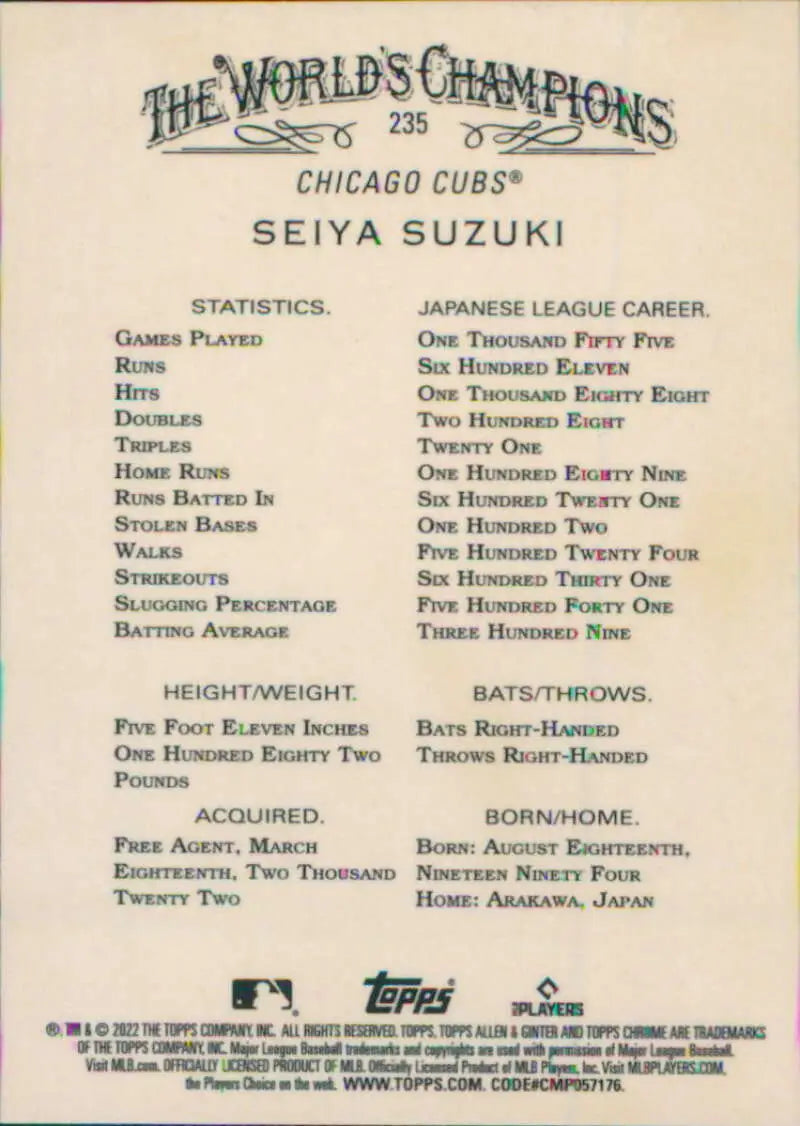 Baseball card featuring Seiya Suzuki Rookie Card stats for Chicago Cubs
