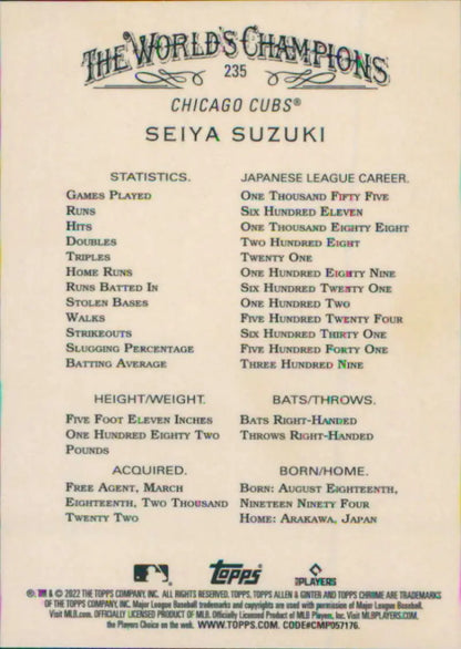 Baseball card featuring Seiya Suzuki Rookie Card stats for Chicago Cubs