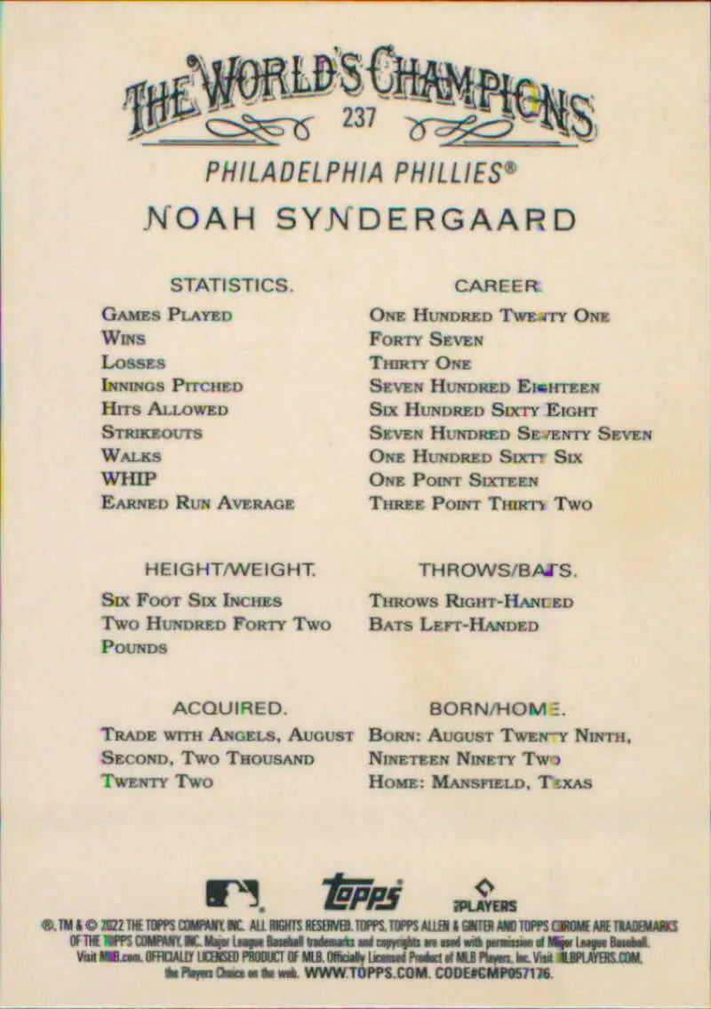 Noah Syndergaard Philadelphia Phillies baseball card with career statistics and information