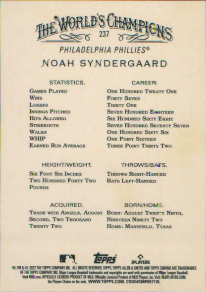 Noah Syndergaard Philadelphia Phillies baseball card with career statistics and information