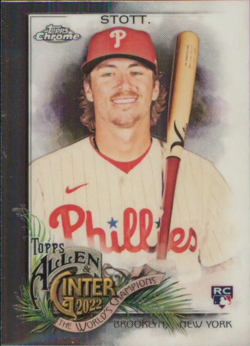 Bryson Stott in home uniform holding bat on 2022 Topps Allen and Ginter Chrome card