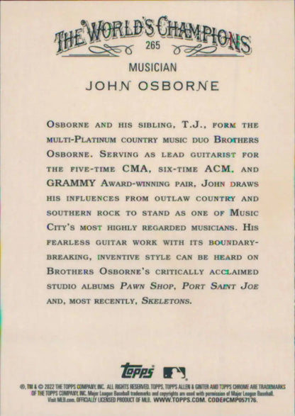 Topps Allen and Ginter Chrome card featuring musician John Osborne from The World’s Champions series