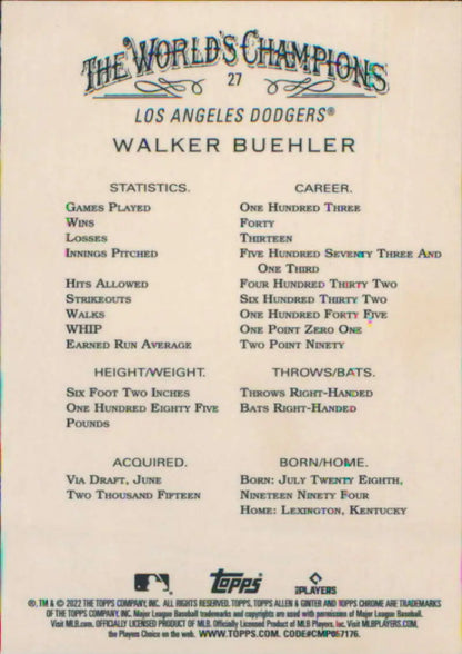 Walker Buehler 2022 Topps Allen and Ginter Chrome Los Angeles Dodgers baseball card