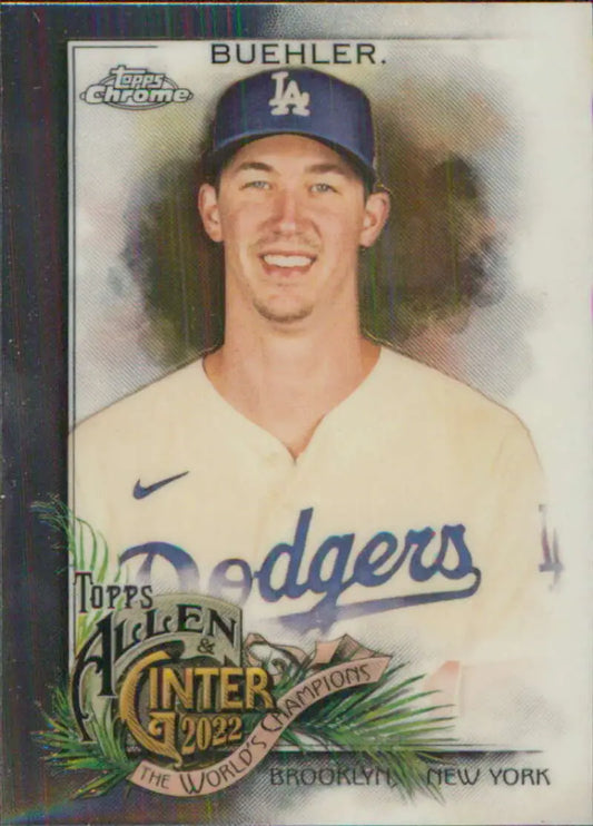 Baseball card of Walker Buehler in white jersey and blue cap from Los Angeles Dodgers