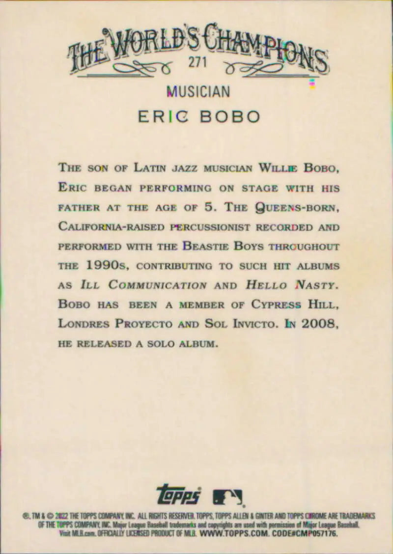 Eric Bobo biography trading card from Topps Allen and Ginter series featuring musician