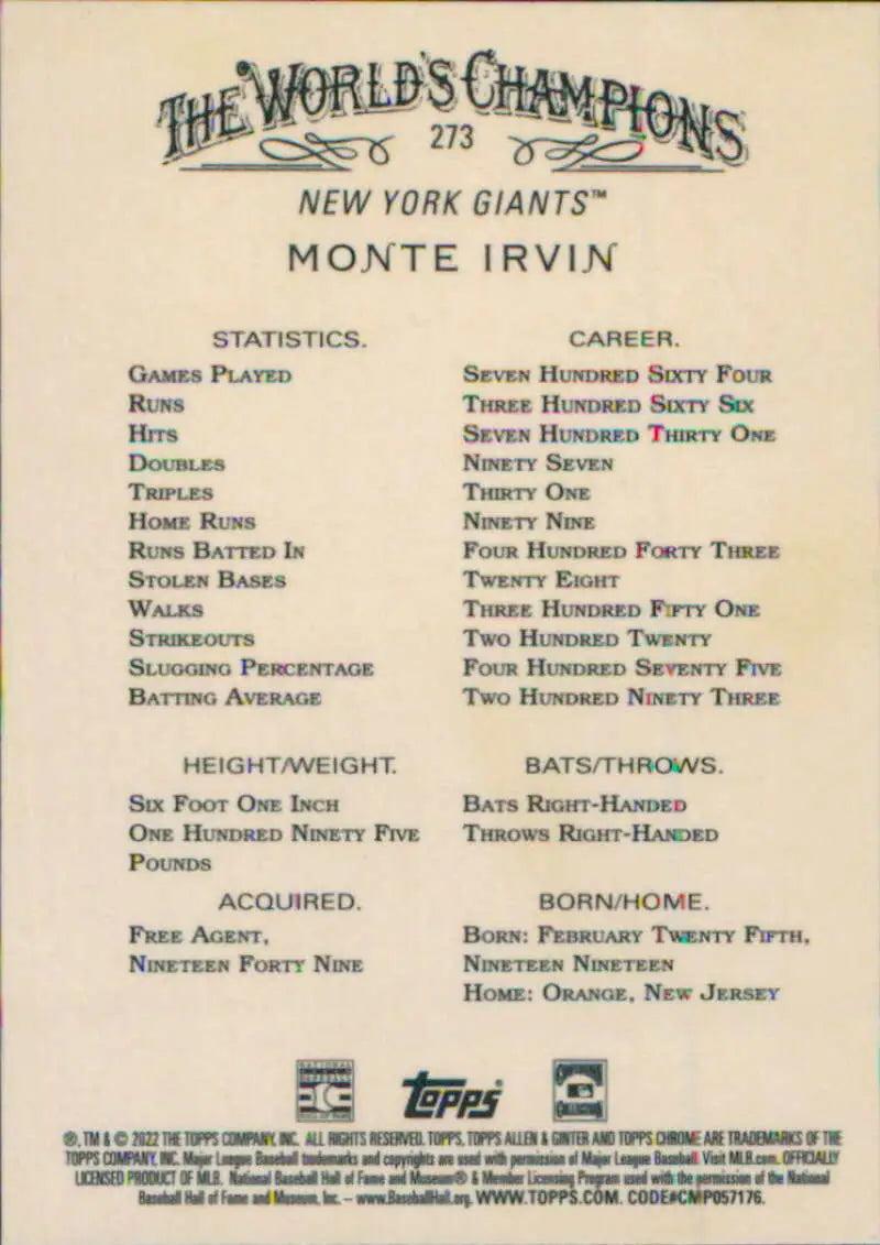Monte Irvin baseball card with statistics for New York Giants Topps Allen and Ginter