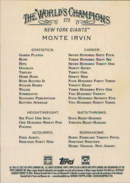 Monte Irvin baseball card with statistics for New York Giants Topps Allen and Ginter