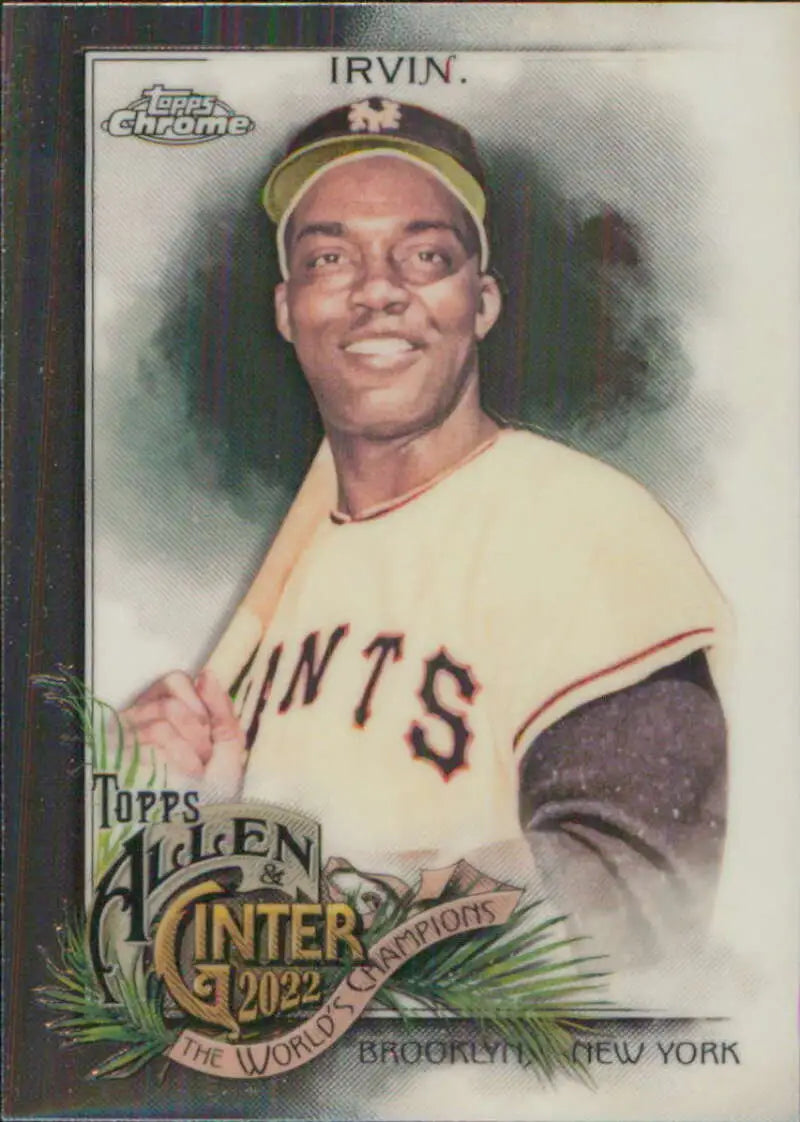 Vintage Topps Allen and Ginter card of Monte Irvin in York Giants yellow uniform