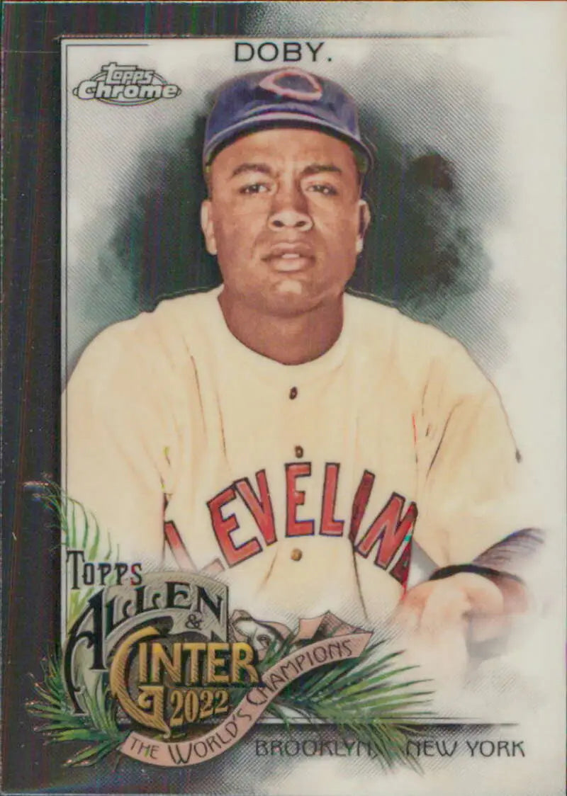 Baseball card of Larry Doby in light uniform, featured in Topps Allen and Ginter Chrome