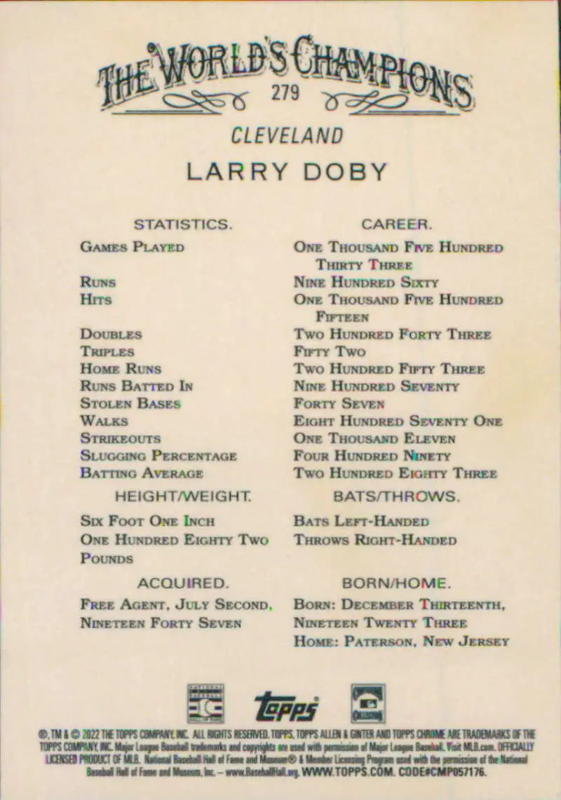 Baseball card featuring Larry Doby’s stats from 2022 Topps Allen and Ginter Chrome series