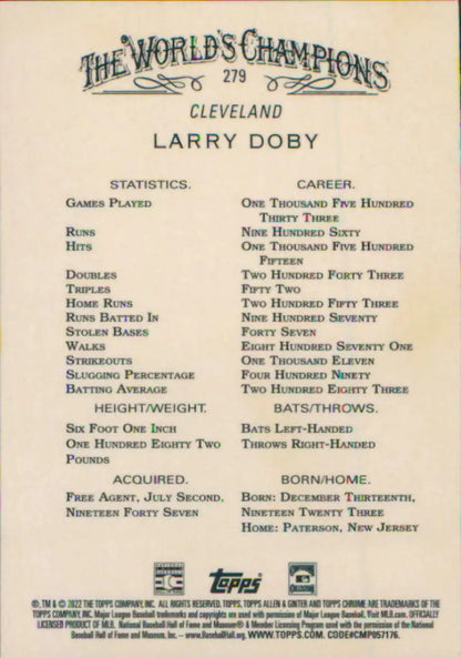 Baseball card featuring Larry Doby’s stats from 2022 Topps Allen and Ginter Chrome series