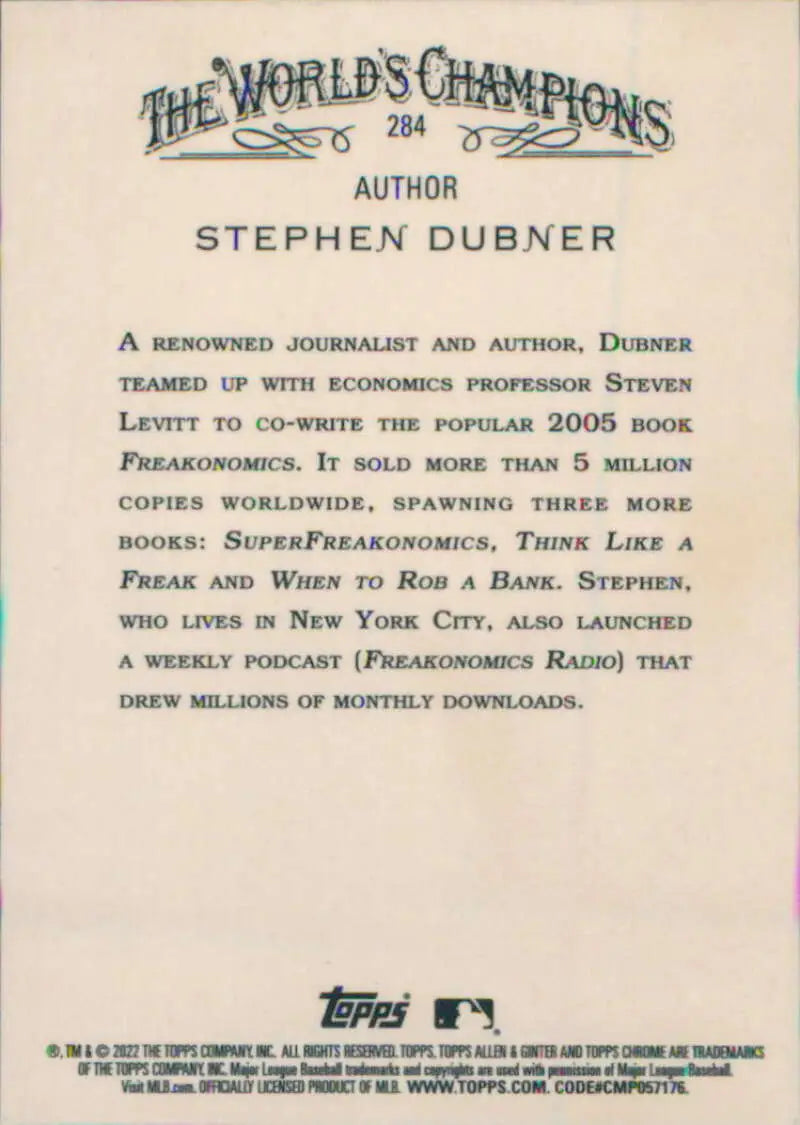 Author biography text from the back of a Topps Allen baseball card for Stephen Dubner