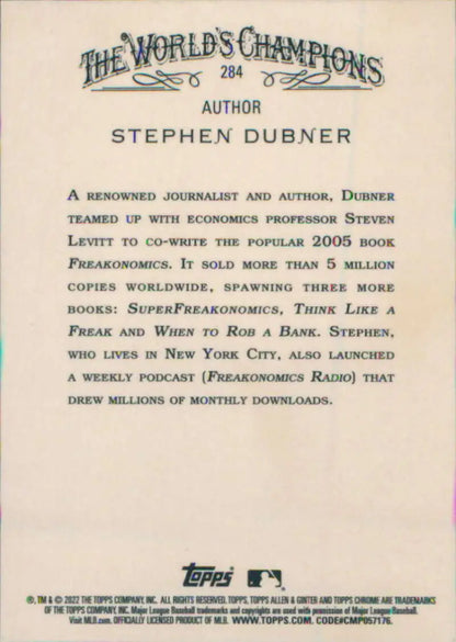 Author biography text from the back of a Topps Allen baseball card for Stephen Dubner