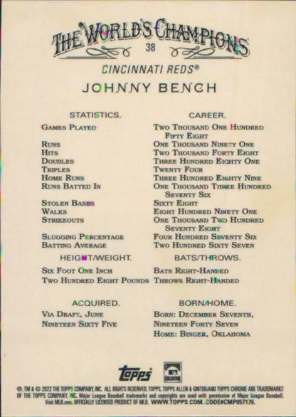 Johnny Bench baseball card featuring career stats for Cincinnati Reds player