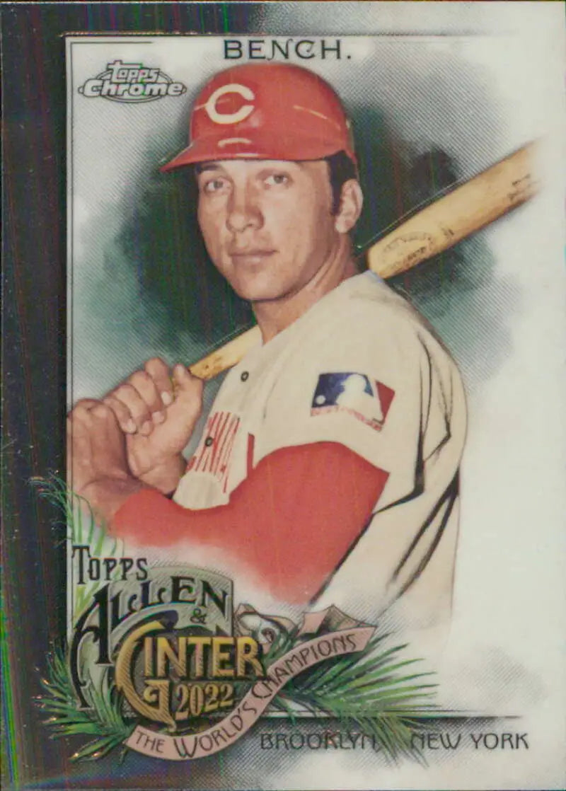 Johnny Bench Cincinnati Reds baseball card in batting stance with red cap and white uniform