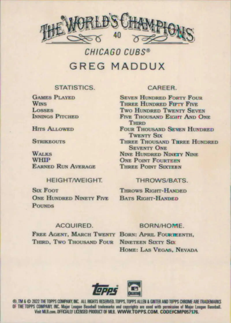Greg Maddux Chicago Cubs baseball card showcasing his career statistics