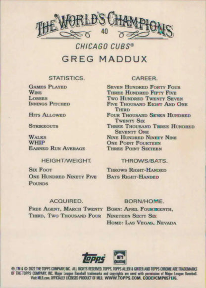 Greg Maddux Chicago Cubs baseball card showcasing his career statistics