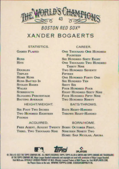 Baseball card featuring Xander Bogaerts statistics for Boston Red Sox World Champions