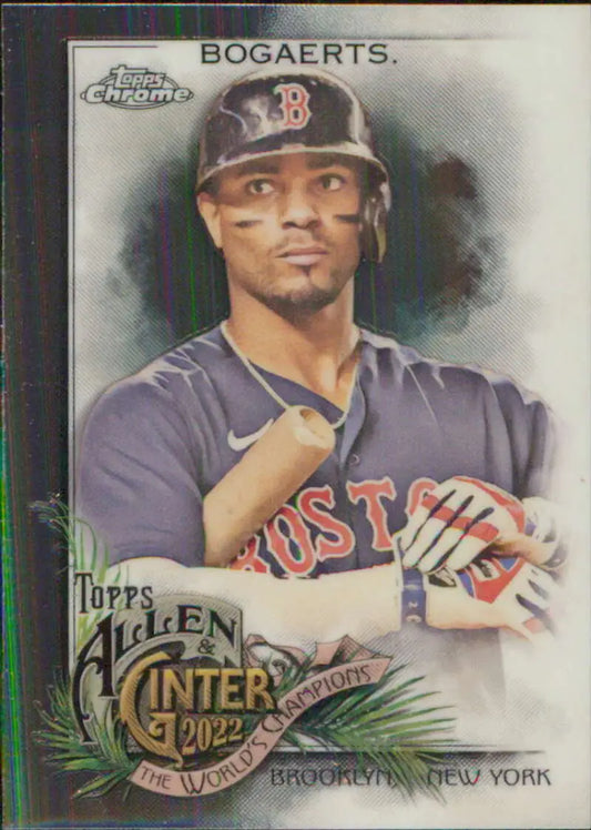 Baseball card of Xander Bogaerts in batting stance for Boston Red Sox collectors