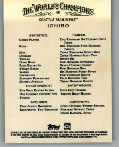 Ichiro Suzuki career stats and achievements on Seattle Mariners Baseball Card 2022 Topps Allen and Ginter