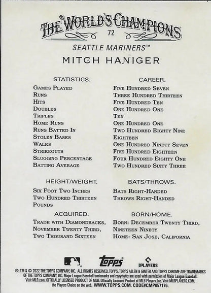 Mitch Haniger 2022 Topps Allen and Ginter Chrome baseball card showcasing player stats