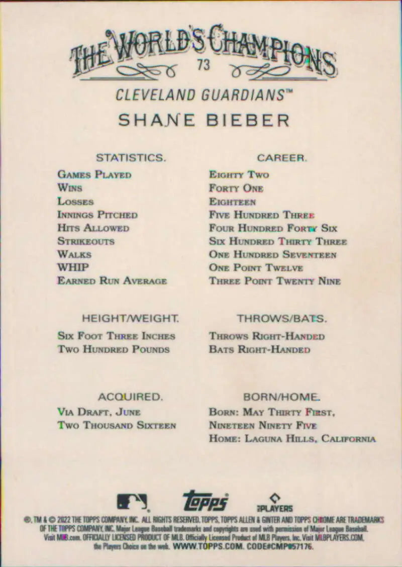 Baseball card featuring Shane Bieber with stats for Cleveland Guardians player