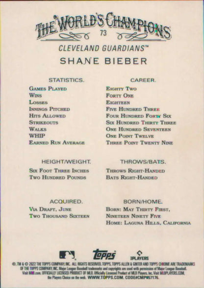 Baseball card featuring Shane Bieber with stats for Cleveland Guardians player