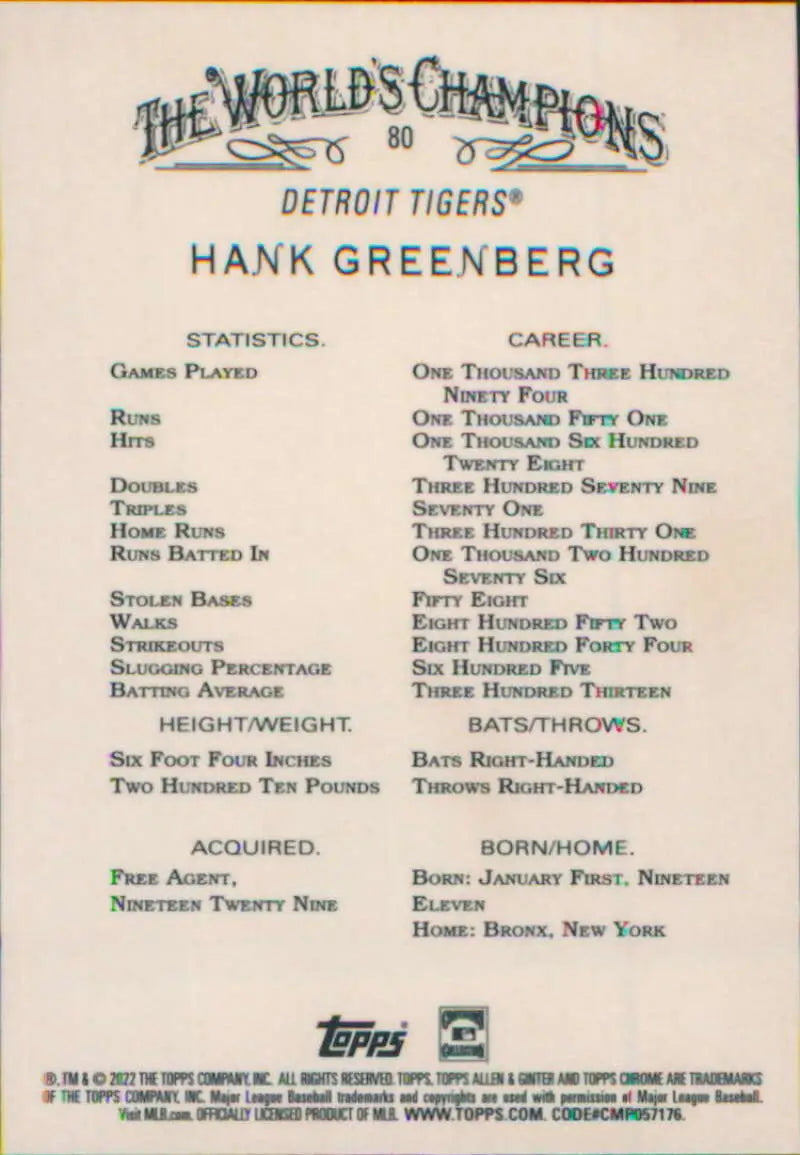 Hank Greenberg Topps Allen and Ginter baseball card showcasing Detroit Tigers achievements