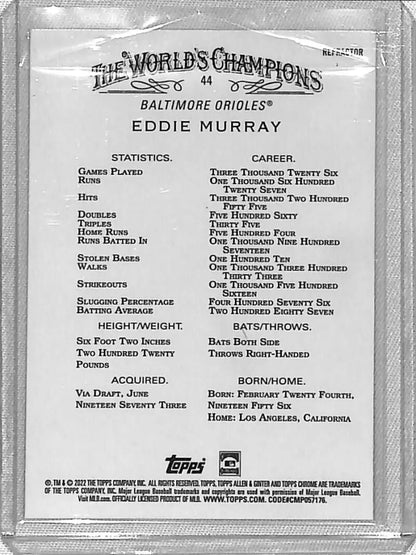 Baseball card back of Eddie Murray featuring stats for Baltimore Orioles Chrome Refractor