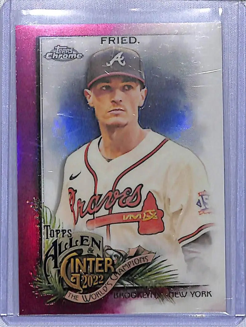 Max Fried Ginter Chrome Refractor Magenta baseball card from 2022 Topps Allen and Ginter
