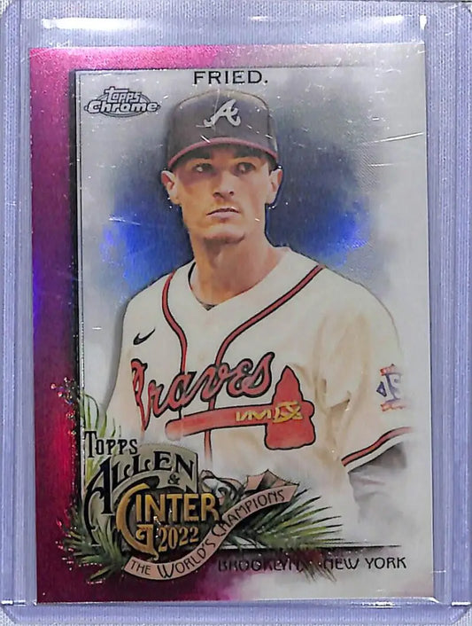 Max Fried Ginter Chrome Refractor Magenta baseball card from 2022 Topps Allen and Ginter