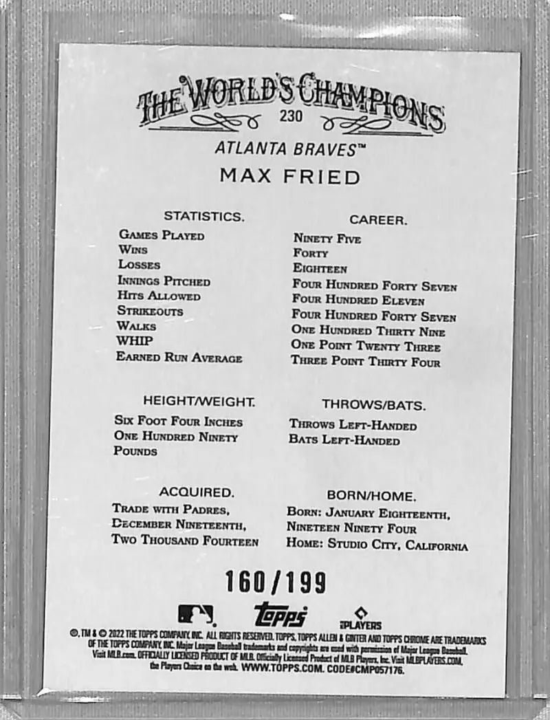 Max Fried baseball card back from 2022 Topps Allen and Ginter Chrome Refractor Magenta