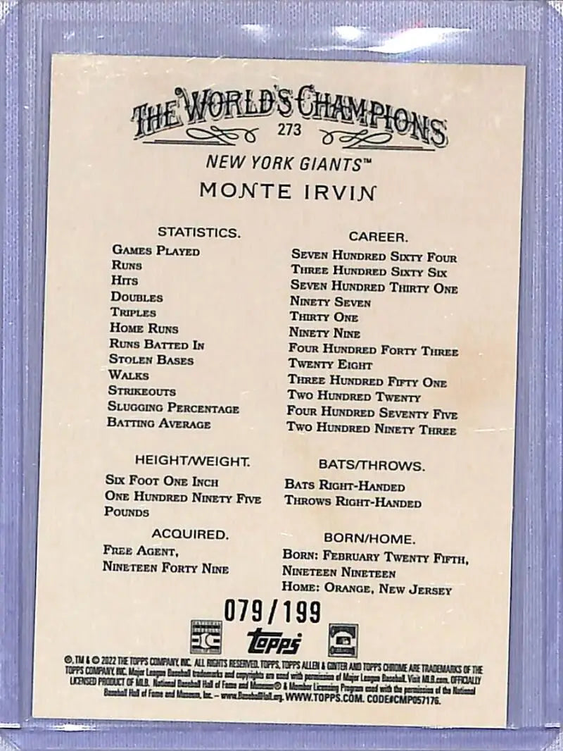 Baseball card back featuring Monte Irvin of the New York Giants from 2022 Topps Allen and Ginter