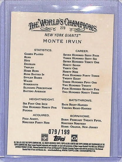 Baseball card back featuring Monte Irvin of the New York Giants from 2022 Topps Allen and Ginter