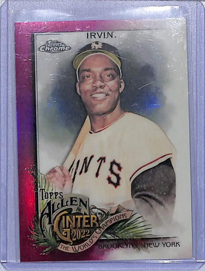 Pink-bordered Monte Irvin baseball card featuring New York Giants in excellent condition