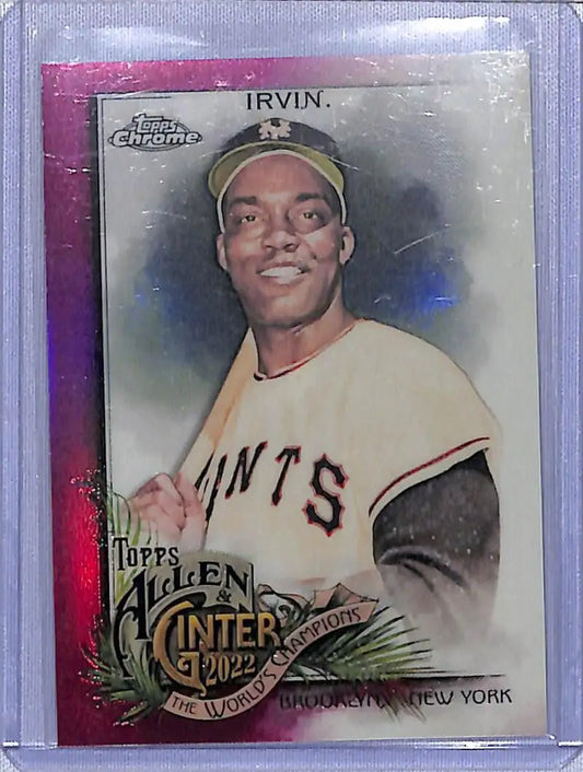 Pink-bordered Monte Irvin baseball card featuring New York Giants in excellent condition