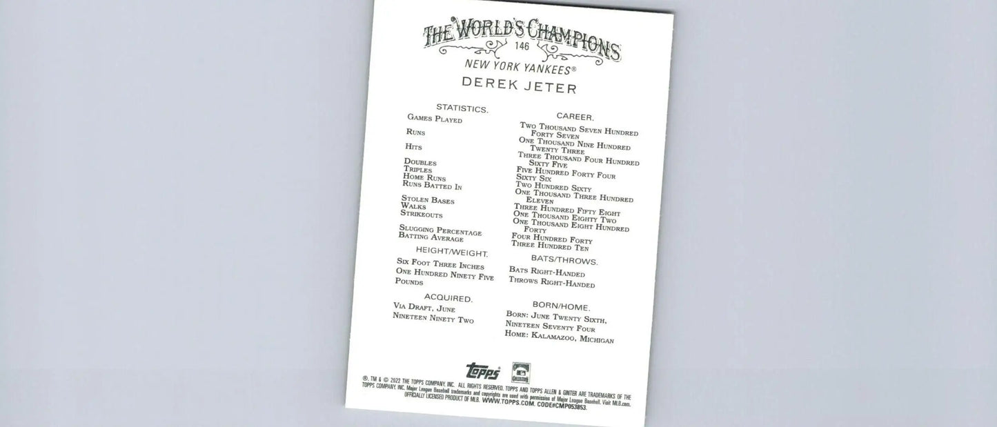 Derek Jeter baseball card from 2022 Topps Allen & Ginter trading cards collection