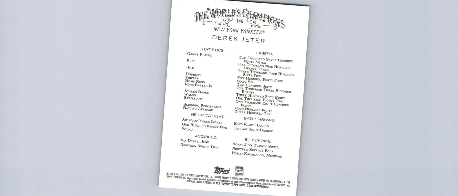 Derek Jeter baseball card from 2022 Topps Allen & Ginter trading cards collection