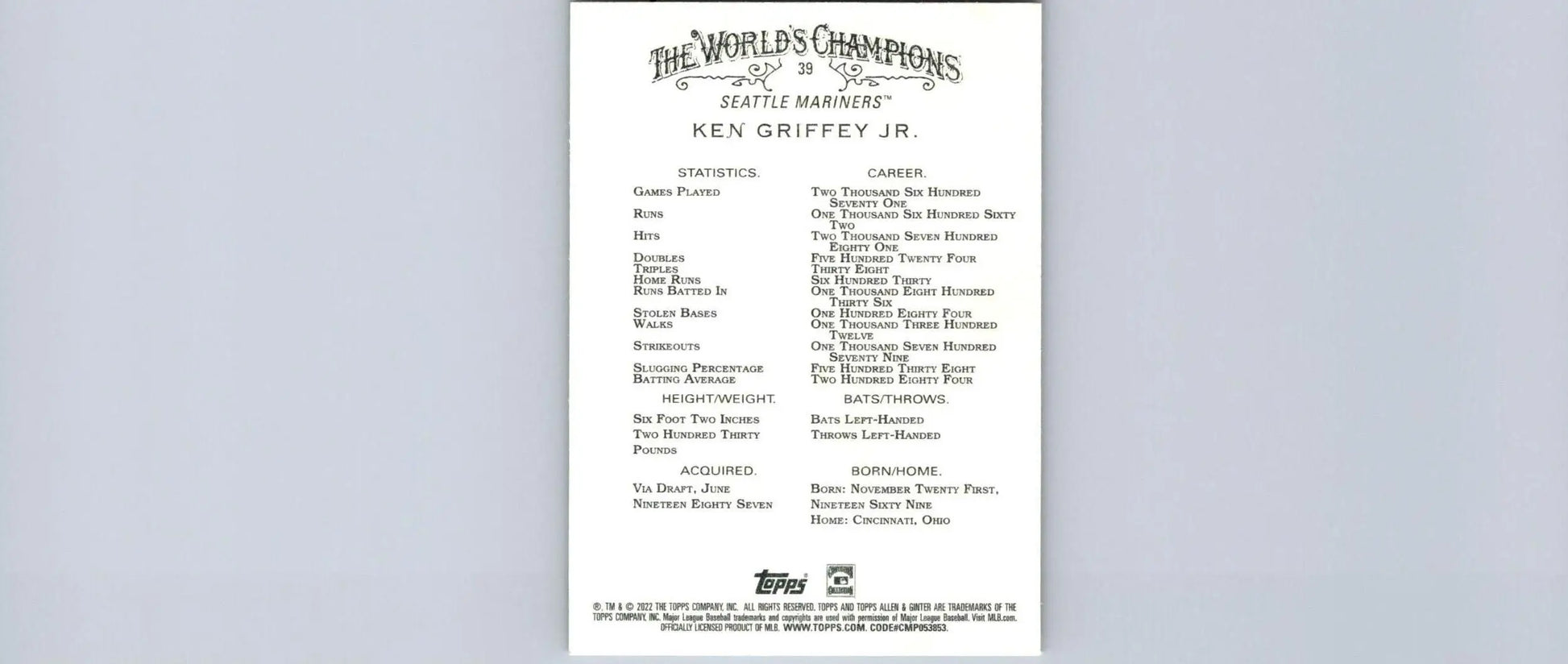 Ken Griffey Jr. baseball card from 2022 Topps Allen & Ginter trading cards collection