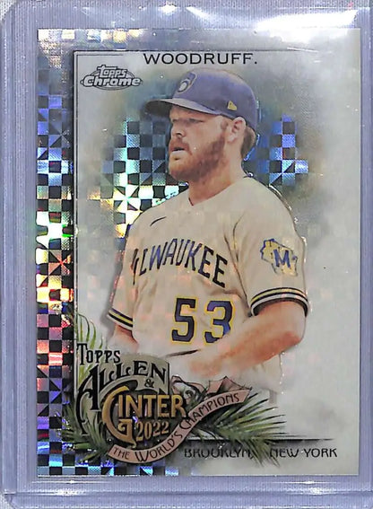 Chrome-finish Brandon Woodruff baseball card in road gray uniform from Ginter Chrome collection