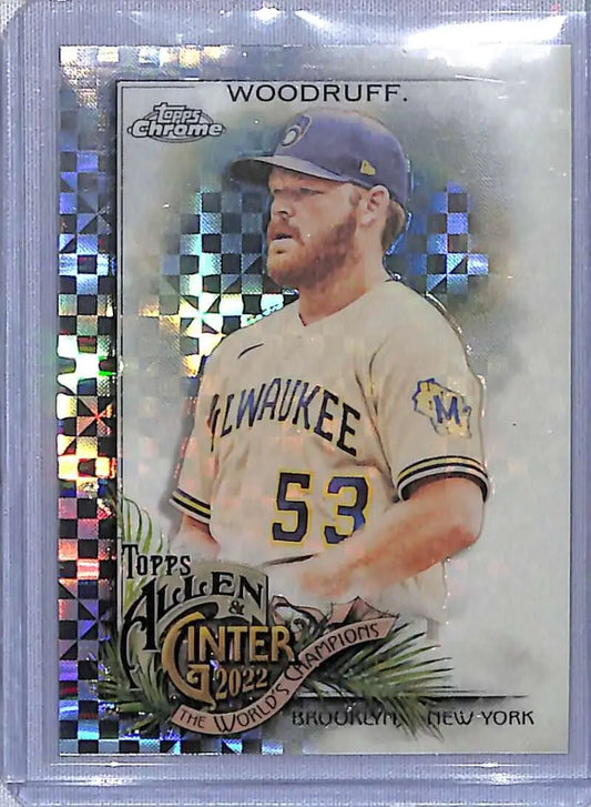 Chrome-finish Brandon Woodruff baseball card in road gray uniform from Ginter Chrome collection