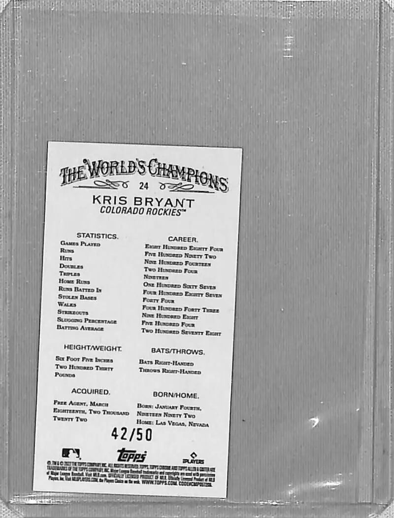 Baseball card back showing statistics for 2022 Kris Bryant Mini Gold Refractor #/50