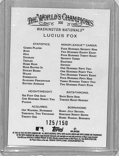 Lucius Fox Blue Refractor baseball card showcasing statistics and career info