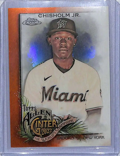 Baseball card of Jazz Chisholm in Miami Marlins jersey, Topps Allen Orange Refractor