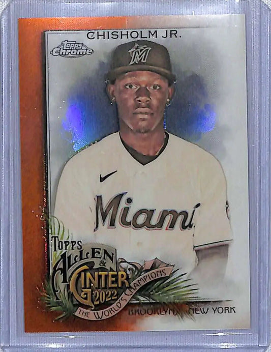 Baseball card of Jazz Chisholm in Miami Marlins jersey, Topps Allen Orange Refractor