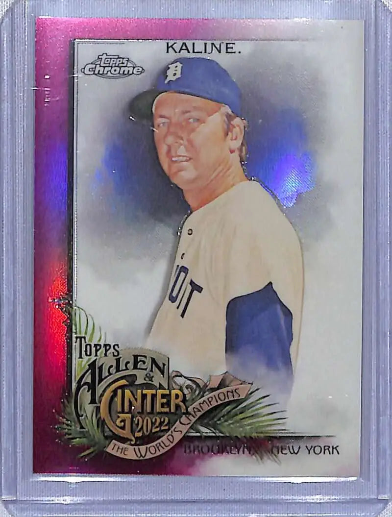 Baseball card of Al Kaline in white uniform and blue cap, 2022 Magenta Refractor