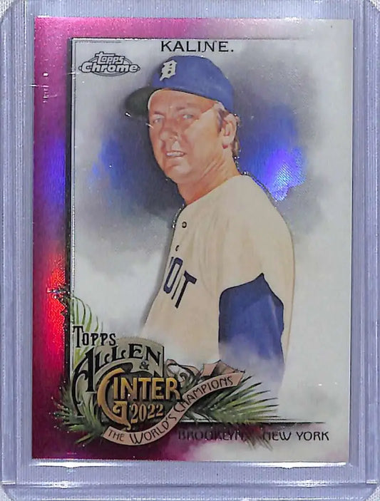 Baseball card of Al Kaline in white uniform and blue cap, 2022 Magenta Refractor