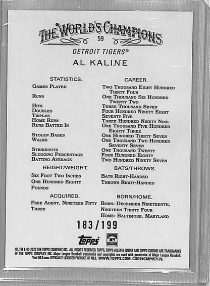 Baseball card back featuring Al Kaline’s statistics and highlights, magenta refractor